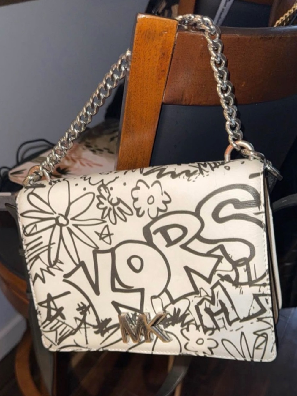 Michael Kors White and Black Graffiti Chain Crossbody